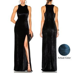 NWT Galvan London Dark Teal Blue Velvet Column Side Slit Maxi Gown Dress - 8 (M)